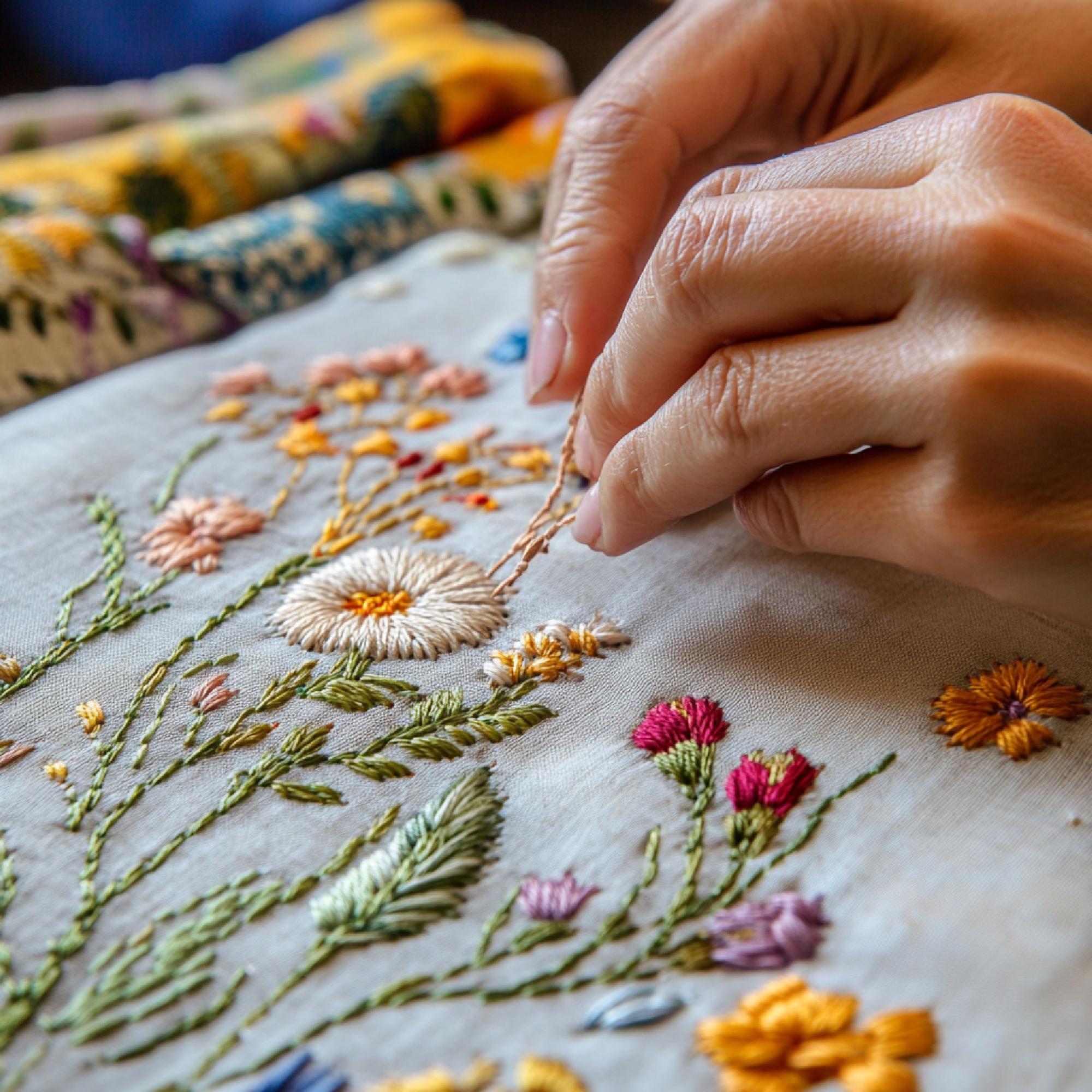 Artisan stitching a floral motif on natural linen in a bright studio