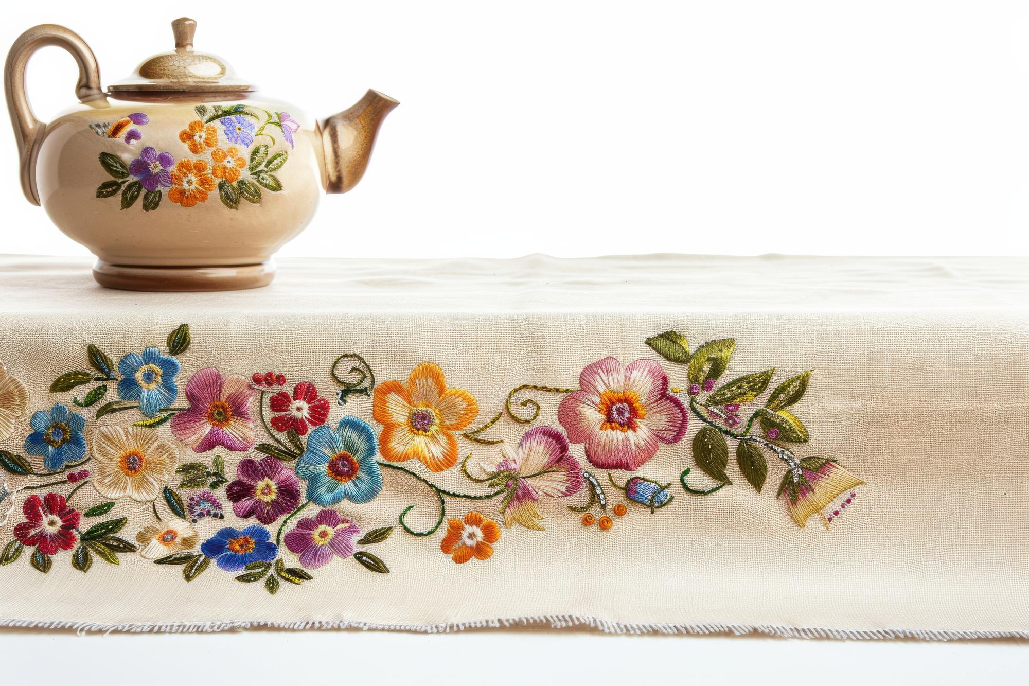 Large editorial shot of embroidered table runner styled with ceramics